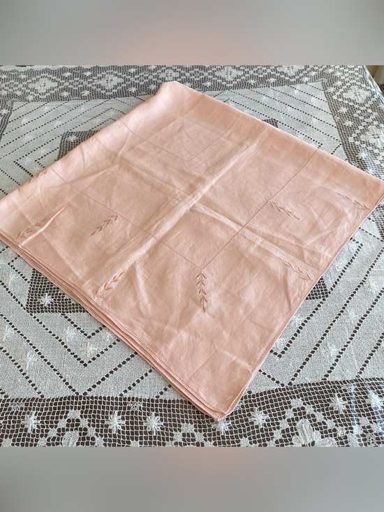 Other - Vintage Mid Century Embroidered Leaf  Peach Linen Cotton Tablecloth - 44x44 in